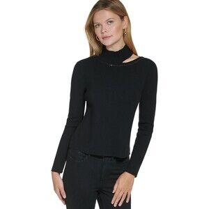 Calvin Klein Sequin Trim Cutout Sweater Keyhole Neck Sweate Black Sz XS NEW